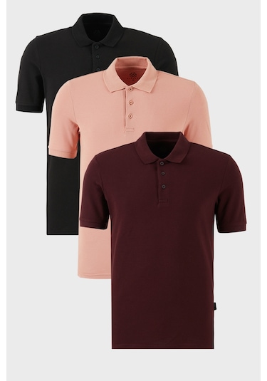 Buratti Pamuklu Regular Fit Düğmeli Polo Yaka 3'Lü Paket Erkek T Shirt 5902127S3 Siyah-Vişne-Pudra