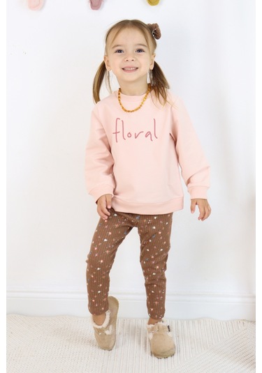 Kız Çocuk Floral Nakışlı İki İplik Kumaş Taytlı Takım Toka Dahildir. Açık Pembe