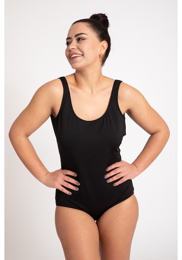 Pemilo 675 32723 - 1 Büyük Beden Düz Askılı Kadın Mayo Siyah