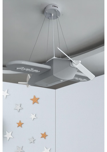 Uçak Temalı Entegre Led Çocuk Odası Sarkıt Avize 70x80cm Kişiye Özel Tasarım, El Yapımı Görünüm Gri Gri