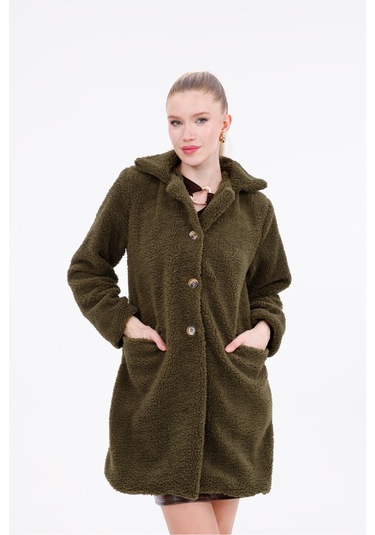 Düğmeli Cepli Kadın Peluş Kaban Haki