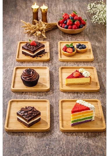 6lı Kare Bambu Gourmet Kahvaltı Tabağı Pasta Servis Sunum Tepsi İkramlık Ahşap Tabak Bej