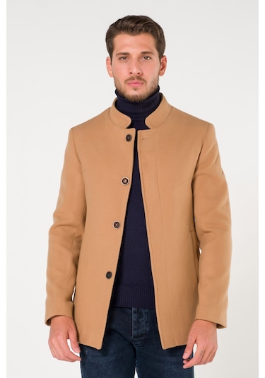 Erkek Slim Fit Hakim Yaka Açık Camel Kısa Kaşe Kaban-Füme Açık Camel