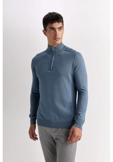 DeFacto Mavi Standart Fit Normal Kesim Yarım Balıkçı Yarım Fermuarlı Triko Kazak D0624AX24AUBE666
