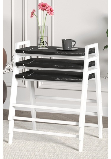 Zigon Sehpa , Aden 3'lü Tepsi Zigon Sehpa Takımı Beyaz Metal - Siyah Mermer Tabla Beyaz-siyah Mermer