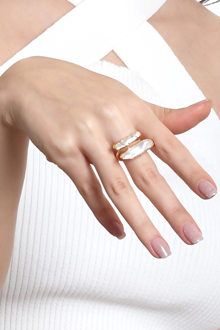 Labalaba Kadın İki Telli El Yapımı Tasarım İnci Yüzük Altın