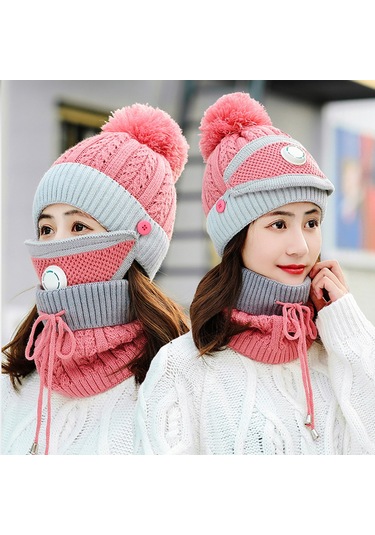 Kosona Kışlık Kadın Triko Şapka Seti: Yünlü Kalın, Soğuk Ve Rüzgar Engeli, Nefes Valfi, Bisiklet Sürerken Kullanıma Uygun, Pembe