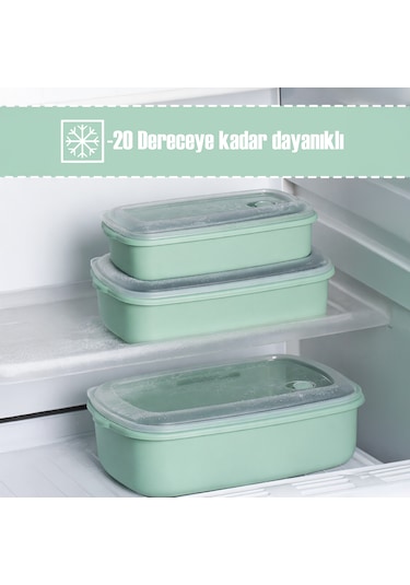 Porsima 5315 Kilitli Sızdırmaz Kapaklı Hava Tahliye Contalı Çok Amaçlı 3lü Dikdörtgen Erzak Yiyecek Saklama Kabı Seti Yeşil - 1000-1700-2800ml Yeşil