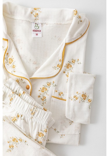 Uzun Kol Gömlek Yaka Kadın Pinterest Pijama Takımı - Mevsimlik Kadın Pijama- Geniş Beden Aralığı Hardal