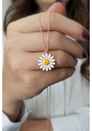 Kadın Papatya Tasarım Mineli Rose 925 Ayar Gümüş Kolye