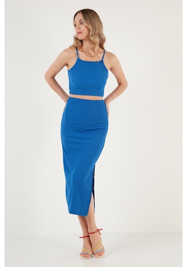 Lela Slim Fit Ip Askılı Yırtmaçlı Bayan Takım 5865278 Saks