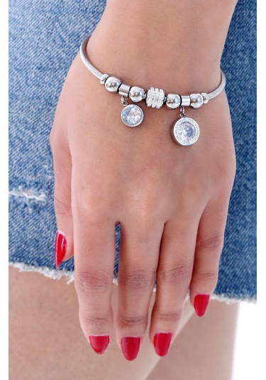 Kadın Gümüş Renk Taşlı Çelik Bileklik Altın Kaplama