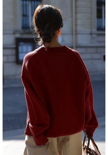 Bordo Bisiklet Yaka Oversize Triko Kazak Mg1972 Bordo