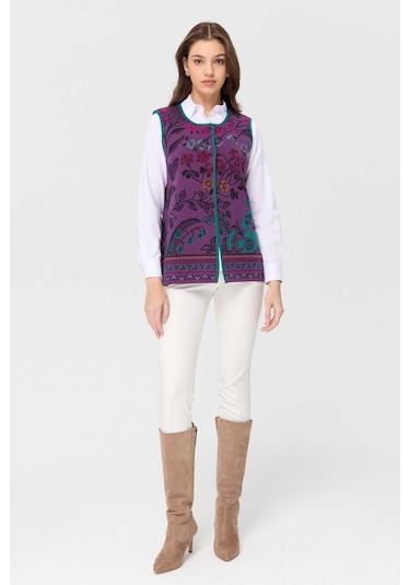 Desen Triko Kadın Sıfır Yaka Sarmaşık Desenli Yün Yelek 23119 A.mor Mor