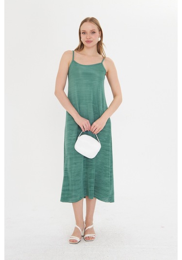 Gülkurusu Kadın Askılı Piliseli Elbise Yeşil