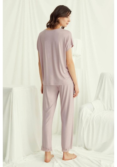 Monamise 18486 Kadın V Yaka Kısa Kollu Pijama Takımı-vizon Vizon