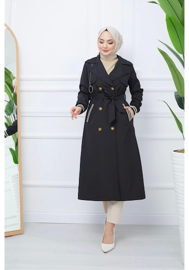 Bondit Kumaş Ribanalı Uzun Boy Trençkot / Siyah - M0110 Siyah