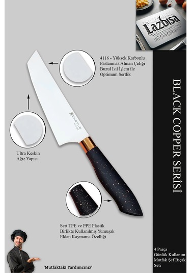 Black Copper Serisi Mutfak Bıçak Et Sebze 4 Lü Şef Bıçağı Mft-854 Siyah