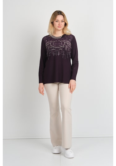 Detay Triko Kadın Taş Detaylı Desenli Yanları Yırtmaçlı Uzun Kol Anne Bluz 5741 Mürdüm Mürdüm