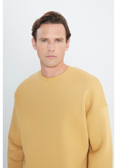 AC&Co / Altınyıldız Classics Erkek Hardal Oversize Fit Bol Kesim Pamuklu İçi Polarlı Bisiklet Yaka Sweatshirt Hardal