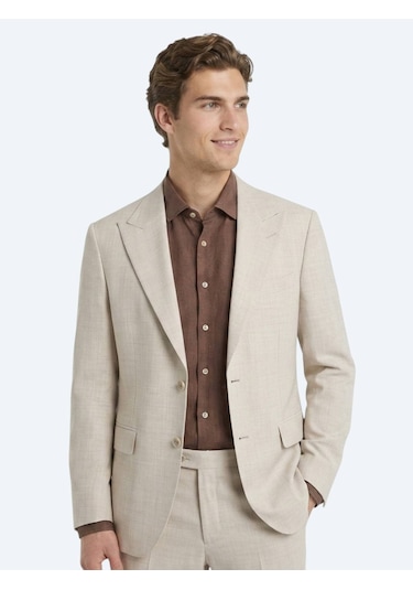 Kip Bej Desenli Modern Fit Yün Karışımlı Takım Elbise