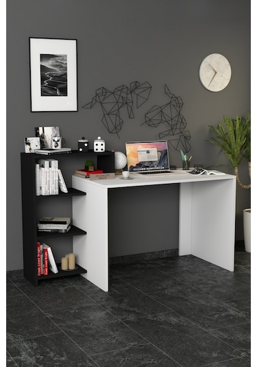Moonlife Ahsen Kitaplıklı Çalışma Masası Beyaz Siyah Beyaz