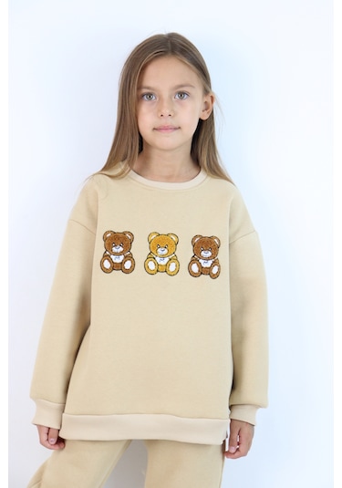 Kız Çocuk 3'lü Ayıcık Nakışlı 3 İplik Oversize Şardonlu Takım Ekru