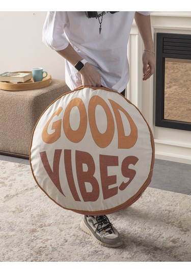 Good Vibes Yazılı Taşınabilir Dekoratif Yuvarlak Yer Minderi Puf