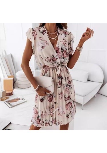 Yaz Kadın Fırfırlı Kısa Kollu V Yaka Dijital Baskılı Elbiseler Pembe