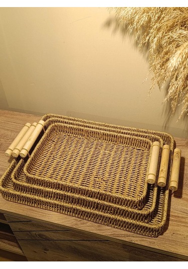 Hasır Rattan Sunum Tepsi 3'lü Organizer Bambu Kulplu Dikdörtgen Diğer