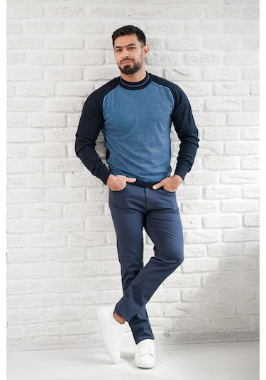 San&fa Yarım Balıkçı Desenli Slimfit Yünlü Triko Kazak Lacivert