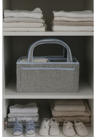 Anne Bebek Kalın Keçe Bakım Çantası Yenidoğan Için Organizer Düzenleyici Çok Amaçlı Gri Mavi Overlok Detay