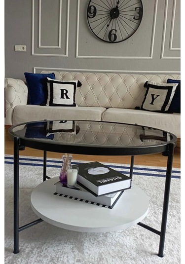 Nordic Orta Sehpa Temperli Cam 75 Cm Demonte Çizilmez Kırılmaz Metal Çerçeve Raflı Minimalist Sehpa - Beyaz Beyaz