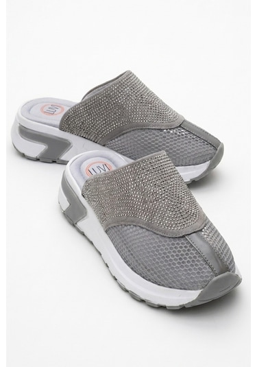 Luvishoes Glea Gri Taşlı Fileli Burnu Kapalı Kadın Terlik