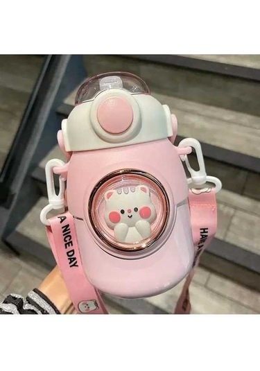 Elmpaly Çocuklar Termos Şişe Kawaii Saman 700ml Paslanmaz Pembe Çok Renkli
