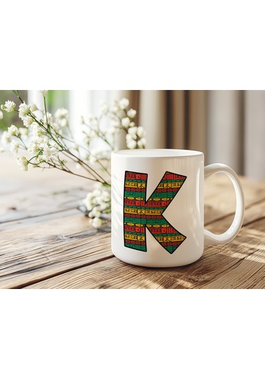 K Harfi Etnik Desenli Kupa - Afrika Tarzı Kahve Çay Kupası - Hediyelik - Black History Beyaz
