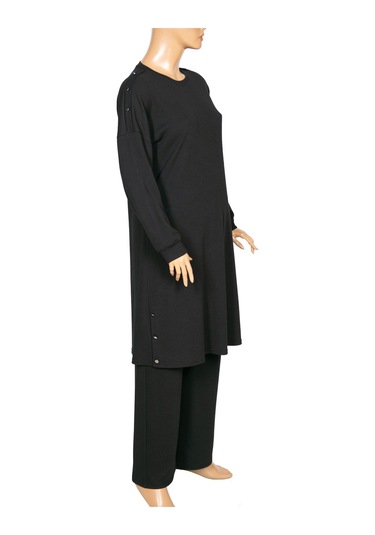 Hesna Kadın Benan Fitilli Düğmeli Spor Siyah Tunik Pantolon Takım Siyah