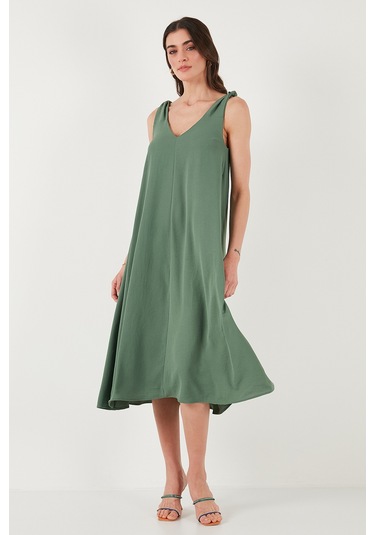 Lela Oversize Fit V Yaka Midi Boy Basic Bayan Elbise 6788688 Haki