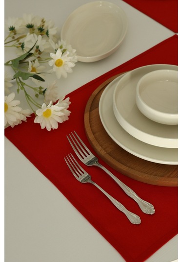 Yakacihome 4'lü Pera Kırmızı Biye Detaylı Duck Keten Yıkanabilir, Leke Tutmaz Supla Amerikan Servis Seti Kırmızı