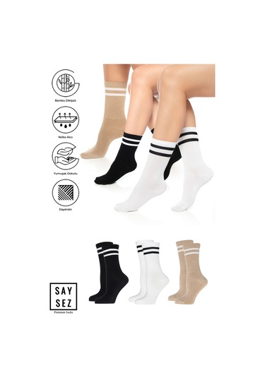Bambu Unisex Tenis Kolej Çizgili Siyah-beyaz-bej Premium Dikişsiz Soket Çorap 3'lü Paket Renkli