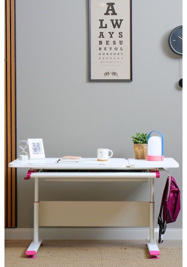 Vega Basic Yükseklik Ve Eğim Ayarlı Beyaz Çalışma Masası, Çekmeceli Bilgisayar Ve Ofis Masası, Fuşya Gri