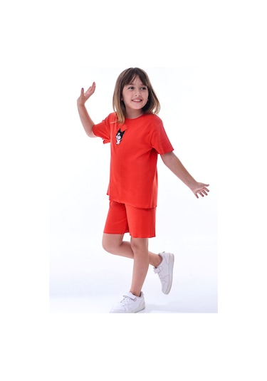 Ribana Beybi Overlok Detaylı Kuromi Nakışlı Alt-üst Takım Kırmızı