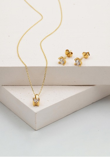 Bilezikci 14 Ayar Klasik Tektaş Altın Kolye Küpeli Set