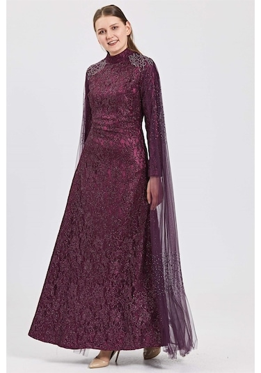 Mürdüm Omuzda Etek Ucuna Uzanan Tül Üzeri Taş Kombinli Dantelli A Mürdüm