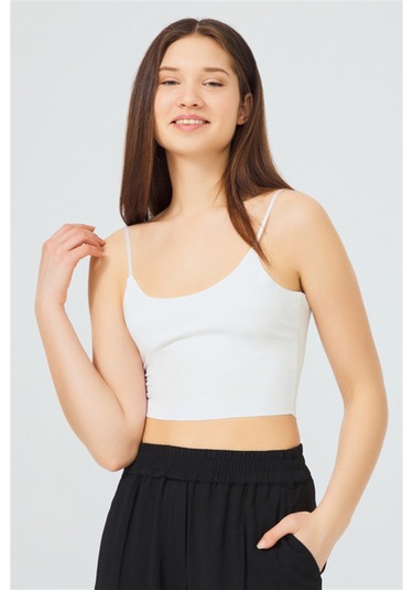 Krem Ayarlanabilir İnce Askılı Lazer Kesim Kadın Crop Büstiyer