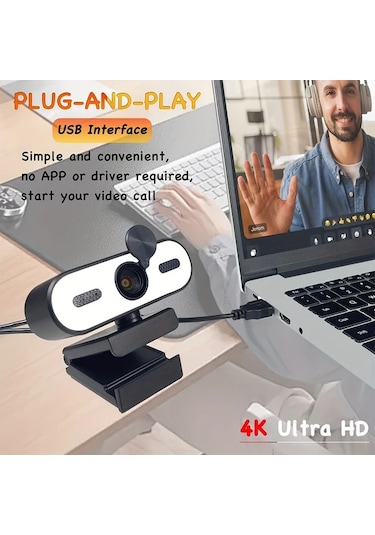 Xuweiwei Q9 4k Ultra Hd Usb Webcam Otomatik Odaklama 3 Seviye Halka Işığı Gizlilik Kapağı 360 Derece Tripod