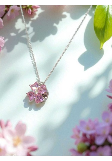 Kalp Kesim Taşlı Dönen Çiçek Figürlü 925 Ayar Gümüş Kolye Hareketli Tasarım Gümüş