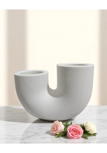 El Yapımı Oval Dekoratif Vazo Beyaz