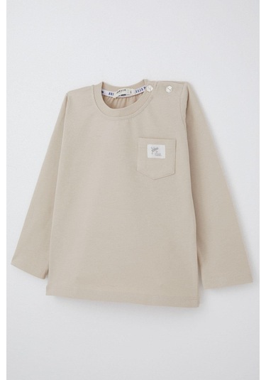 Breeze Erkek Bebek Uzun Kollu Tişört Cep Detaylı Cool Yazı Armalı 9 Ay-3 Yaş, Bej Bej