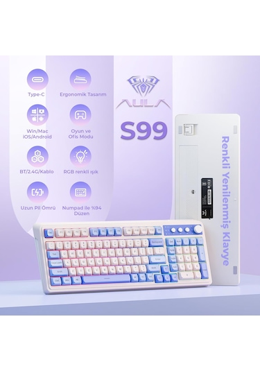 Aula S99 Retro Rgb Gaming 3 Modlu Bluetooth/2.4ghz/usb-c Kablosuz Makrolu Türkçe Q Klavye Mavi